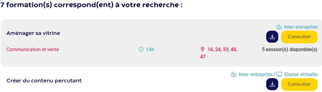 Résultats recherche de formation sur la plateforme OPCO EP Sélexion