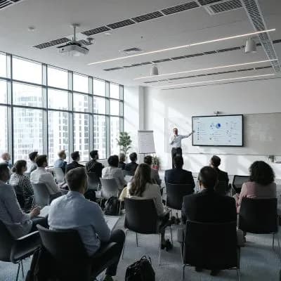 Une salle de formation remplit de stagiaire qui écoutent