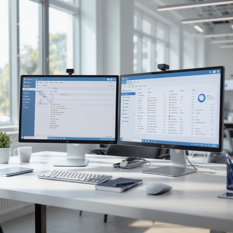 Un bureau de travail avec un double écran affichant de la GED