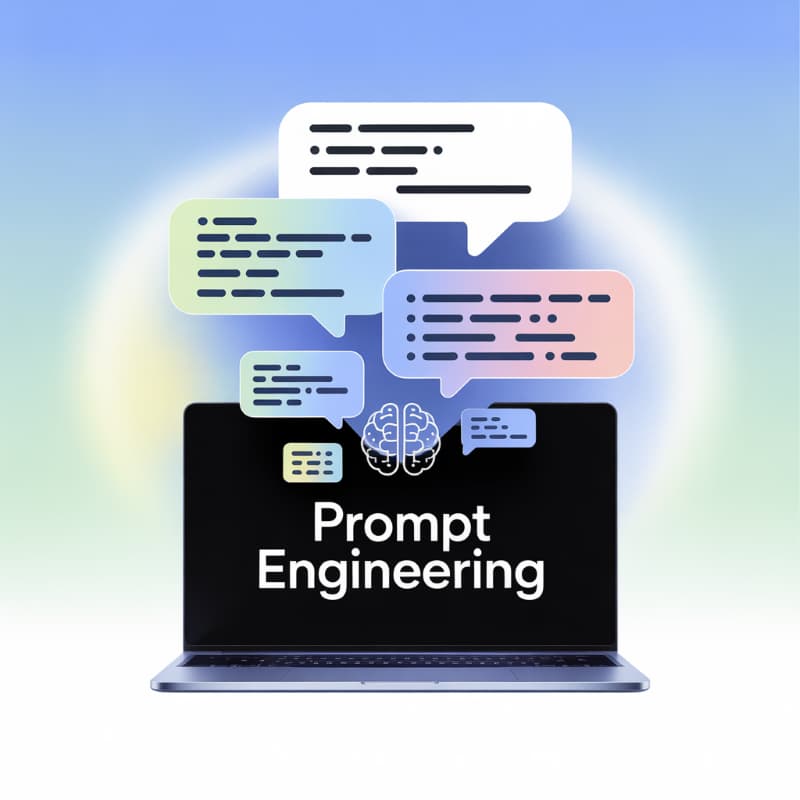Illustration de prompt engineering : ordinateur et infos bulles