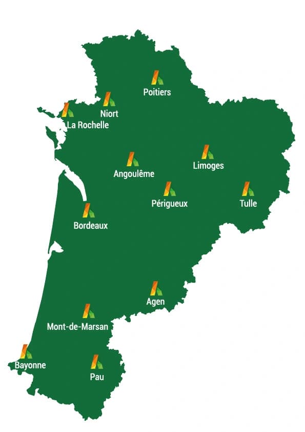 Carte Nouvelle Aquitaine avec ville d'intervention d'Aptitudes 21